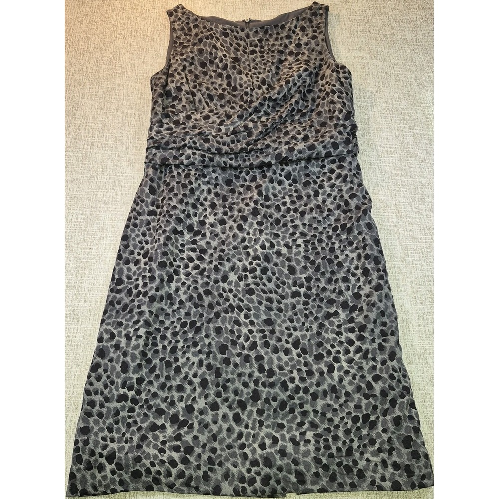 Ann Taylor Silk Animal Print Dress Size 10 Grey Black Leopard Sleeveless Ruched